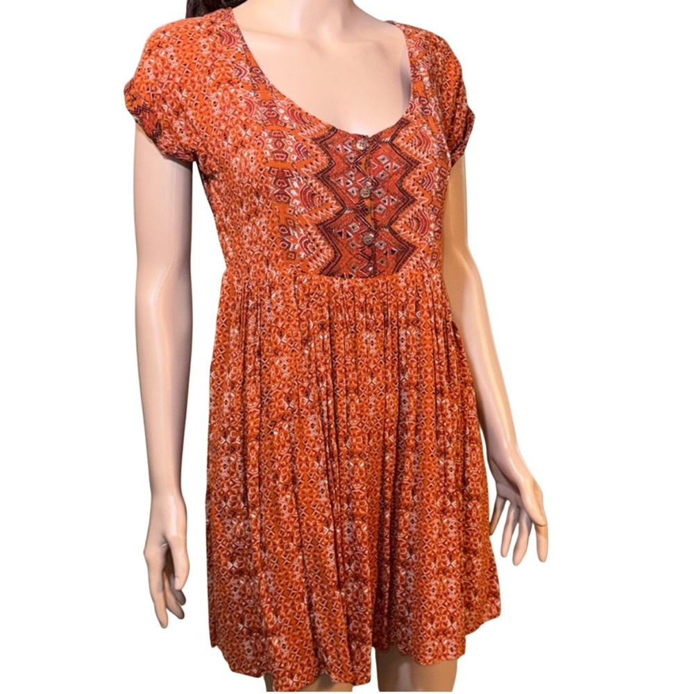 Free People Sundown Orange Geometric Print Babydoll Mini Dress - Size Small‎